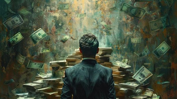 Hombre de espaldas mirando una montaña de dinero
