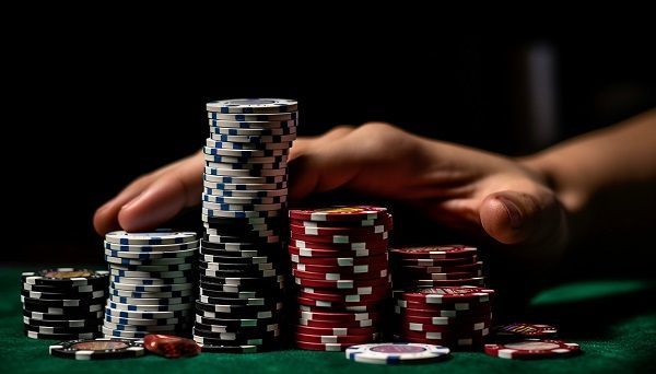 Mano sobre fichas de casino representando un presupuesto para jugar