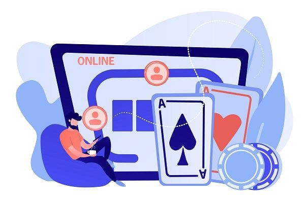 Infografía representando una sala de póker online con una tablet junto a cartas y fichas de casino