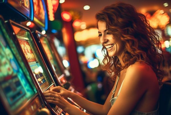 Mujer hermosa riéndose mientras juega a las trageperras