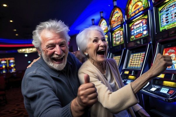 Dos personas mayores riéndose mientras juegan a las tragamonedas