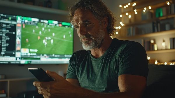Experto en apuestas deportivas realizando apuestas con un partido de fondo