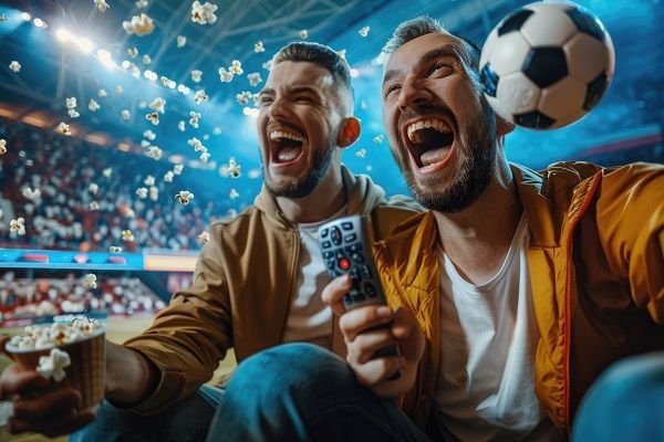 Hombres apostando viendo el fútbol con mando a distancia de TV en la mano