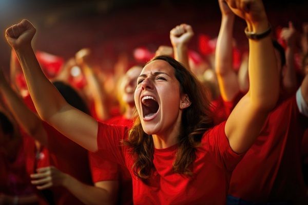 Hinchada local con mujer en primer plano gritando con los brazos en alto