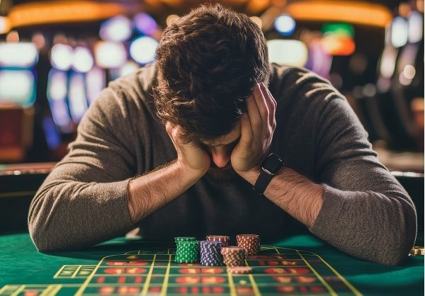 Hombre triste delante de mesa de casino representando las pérdidas