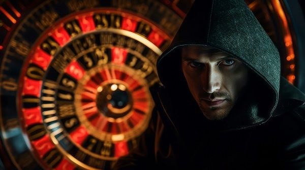 Hombre con capucha negra delante de una ruleta representando supersticiones en el casino