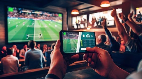 Persona con móvil en la mano viendo partido de fúbtol y apostando en plataforma de apuestas en línea